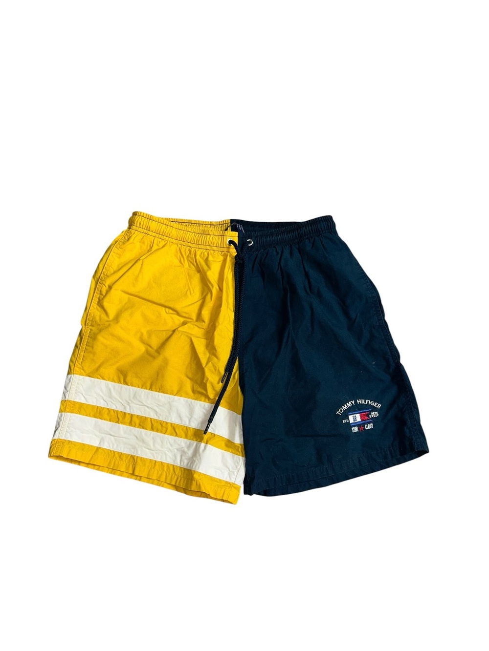 Vintage 90s Y2K Tommy Hilfiger Yellow Navy Color block Swim Trunks Size Small
